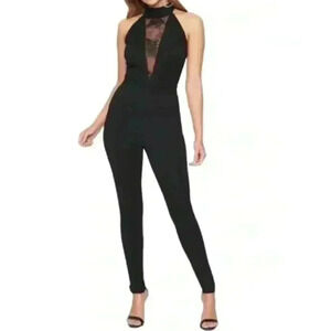 Bebe, halter neck jumpsuit with lace in front & Back, Black, XS